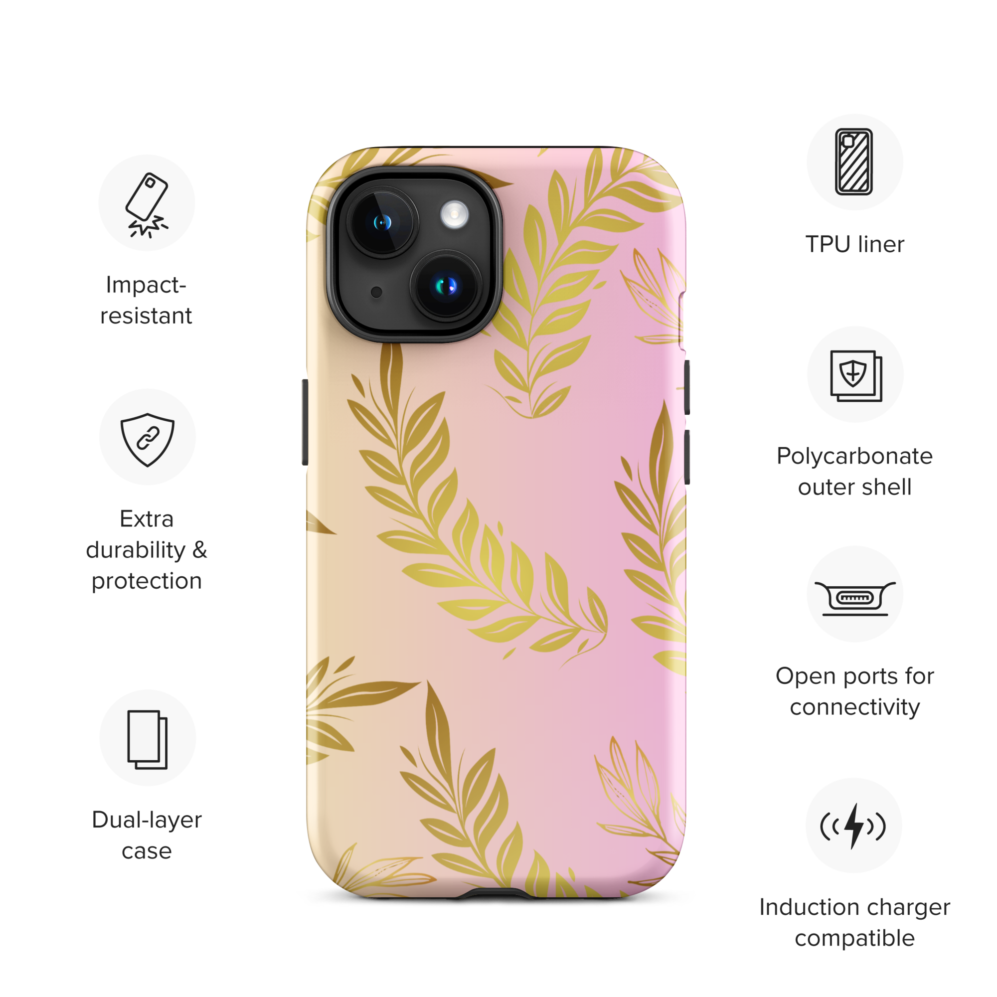 Pink Gold Leaf Tough Case for iPhone® 15 front