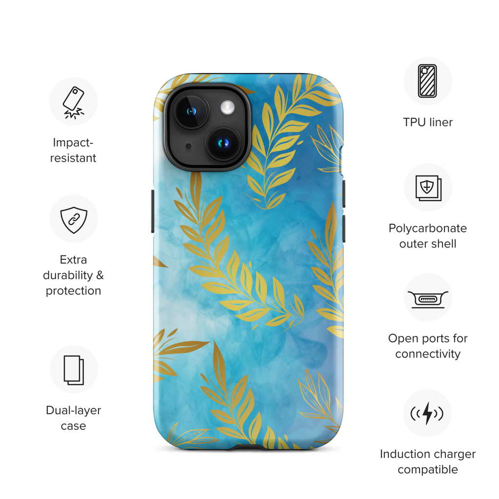 Blue Gold Leaf Tough Phone Case for iPhone® 15 front info