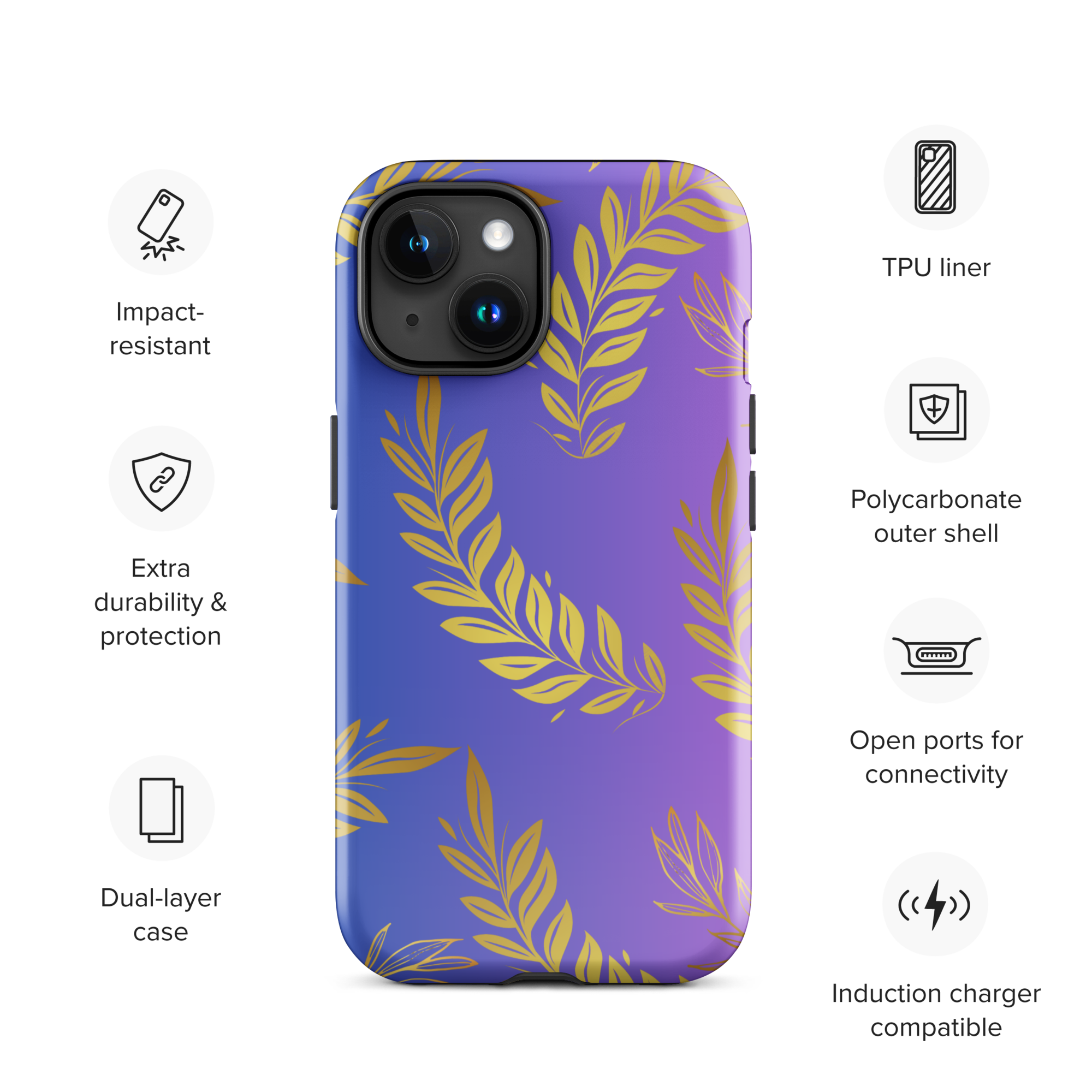 Purple Gold Leaf Tough Phone Case for iPhone® 15 front
