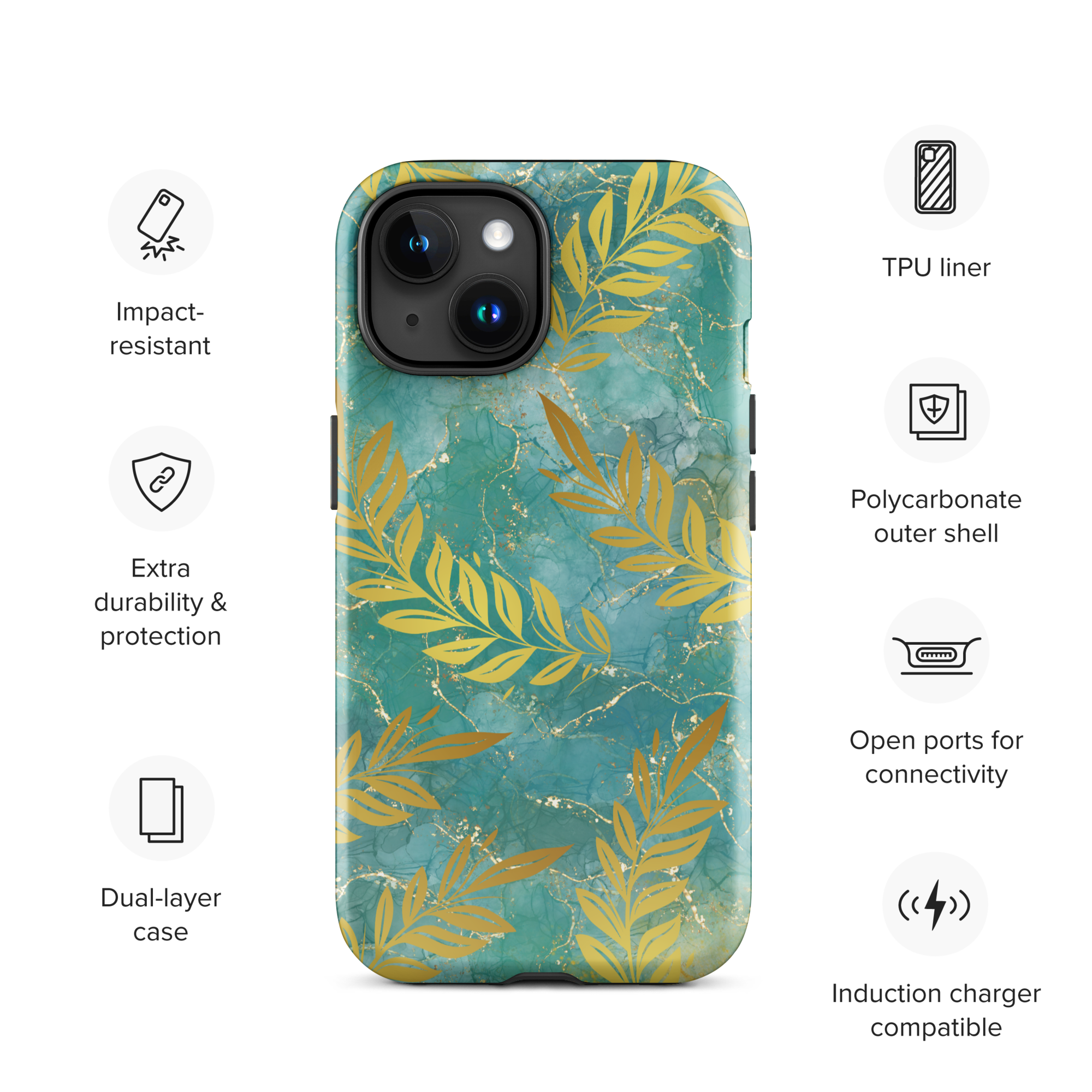 Green Gold Leaf Tough Phone Case for iPhone® 15 front info