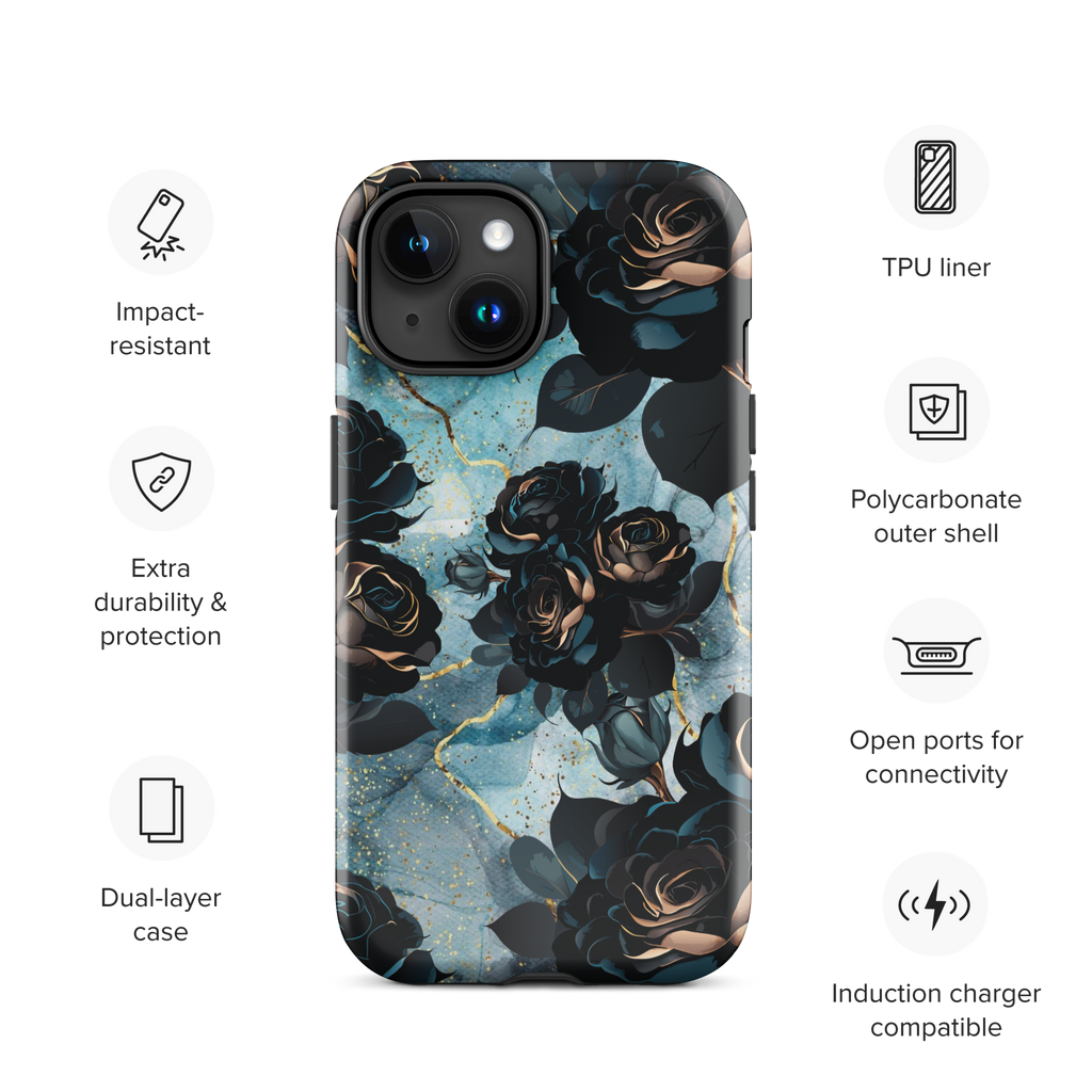 Black Marble Rose Tough Phone Case for iPhone®