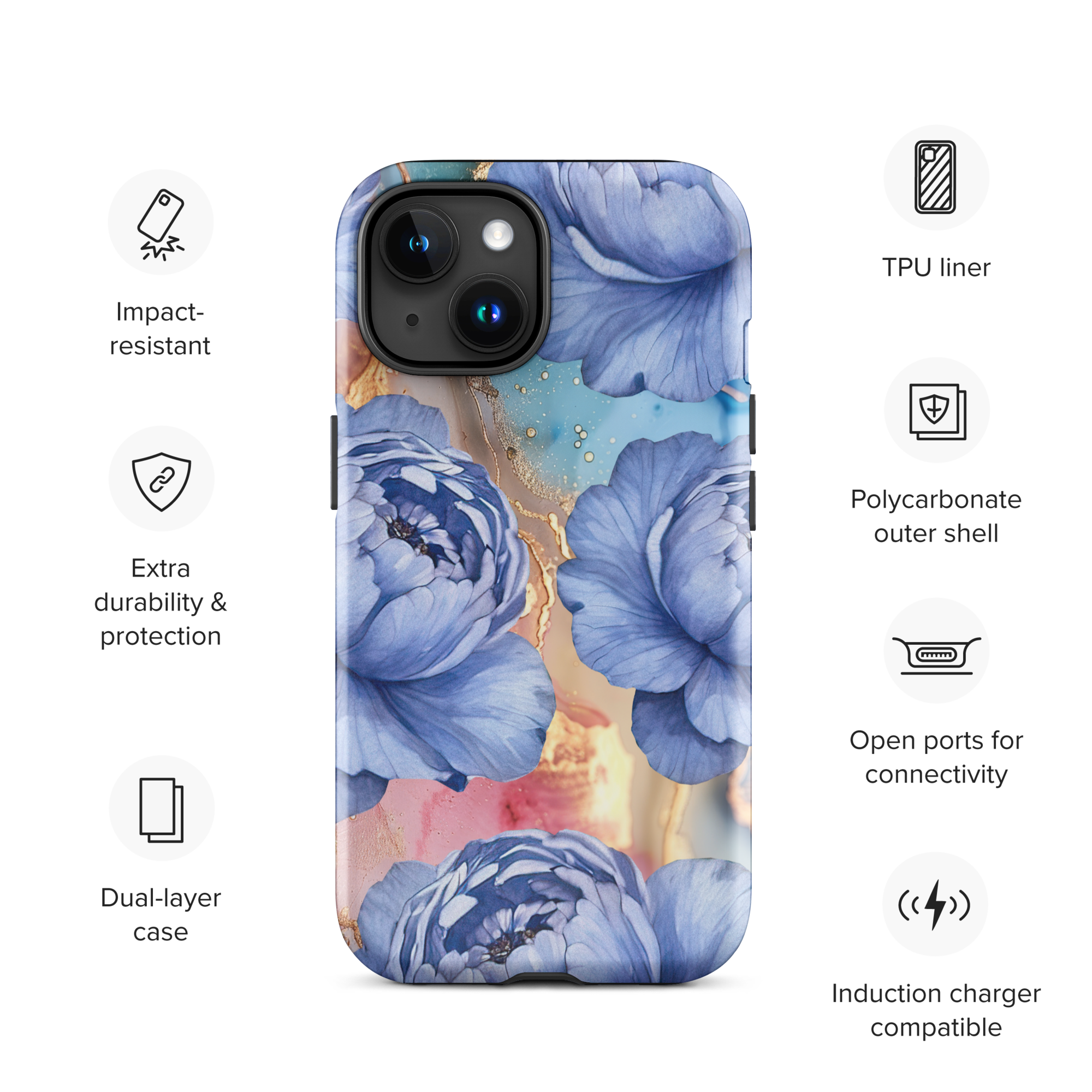 Blue Peony Marble Tough Phone Case for iPhone®