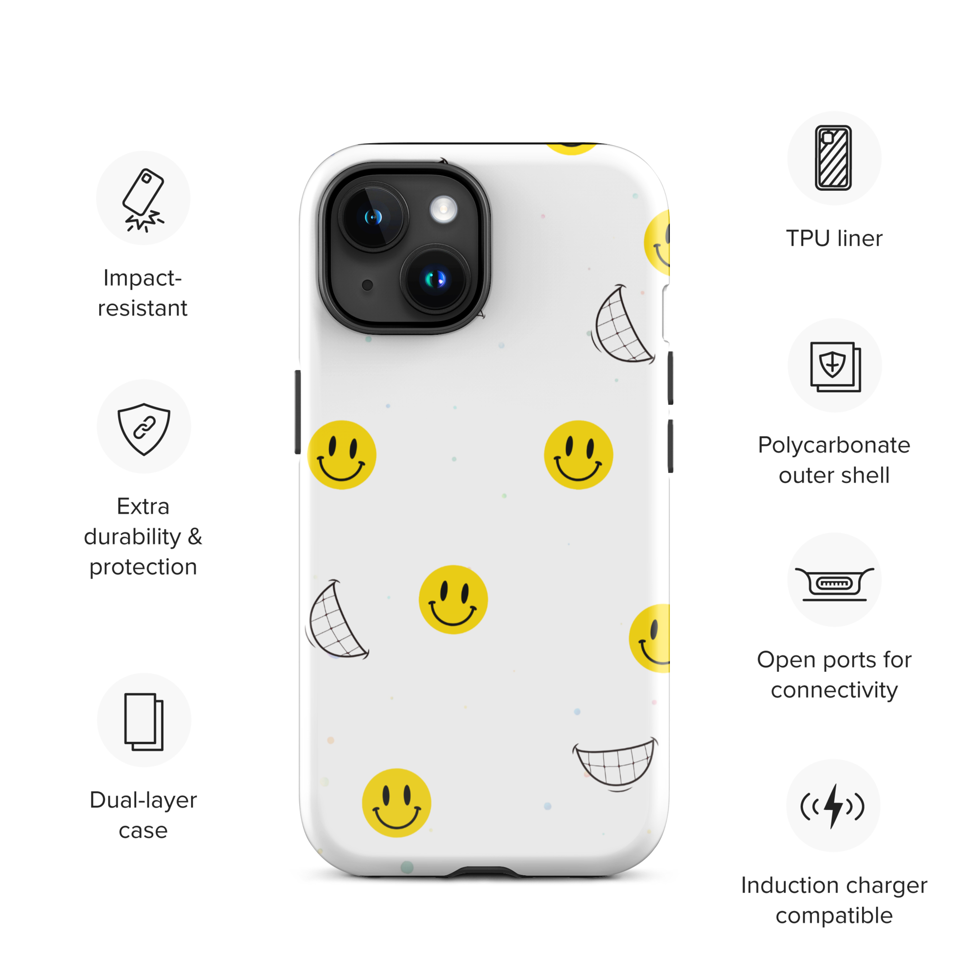 Happy Face Tough Phone Case for iPhone® 15 info front