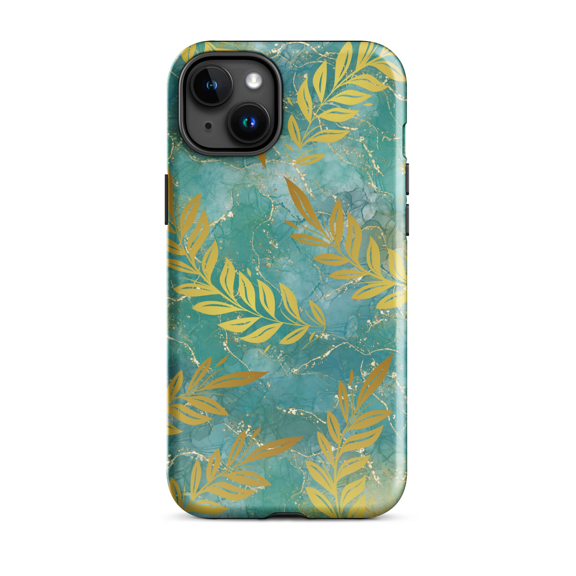 Green Gold Leaf Tough Phone Case for iPhone® 15 Plus front