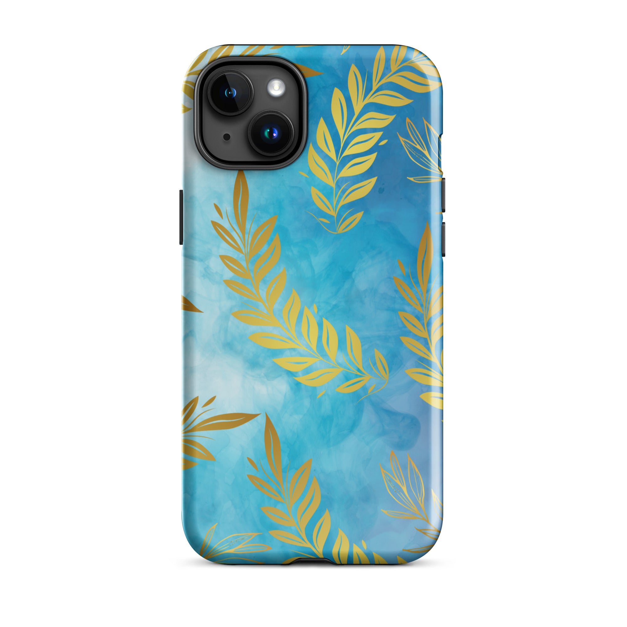 Blue Gold Leaf Tough Phone Case for iPhone® 15 Plus front 