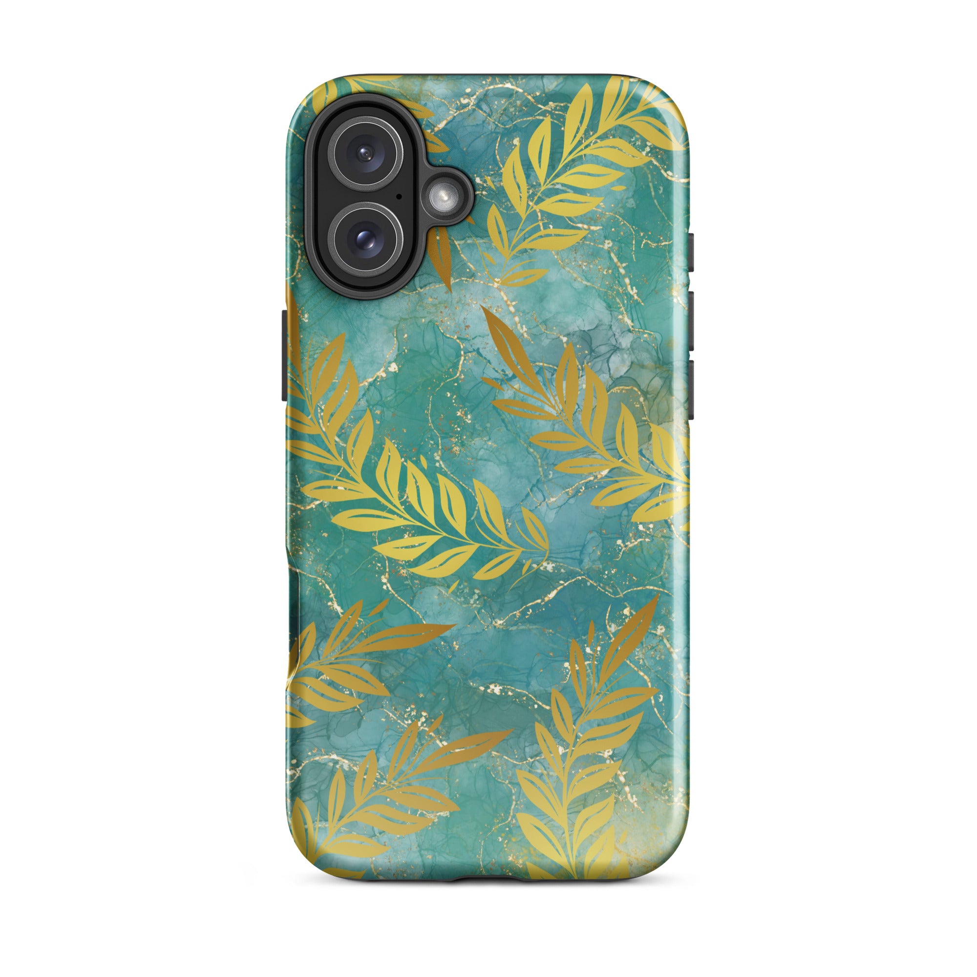 Green Gold Leaf Tough Phone Case for iPhone® 16 Plus front