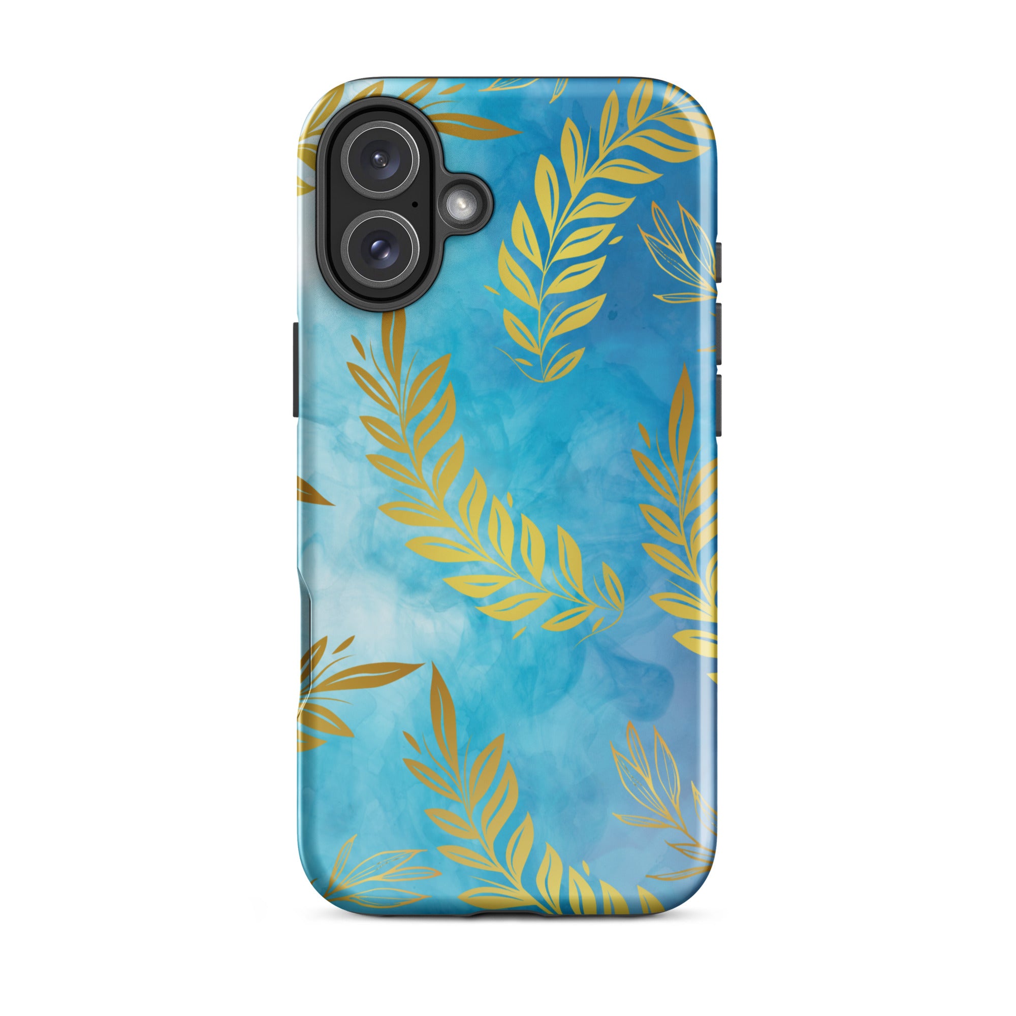 Blue Gold Leaf Tough Phone Case for iPhone® 16 Plus front 