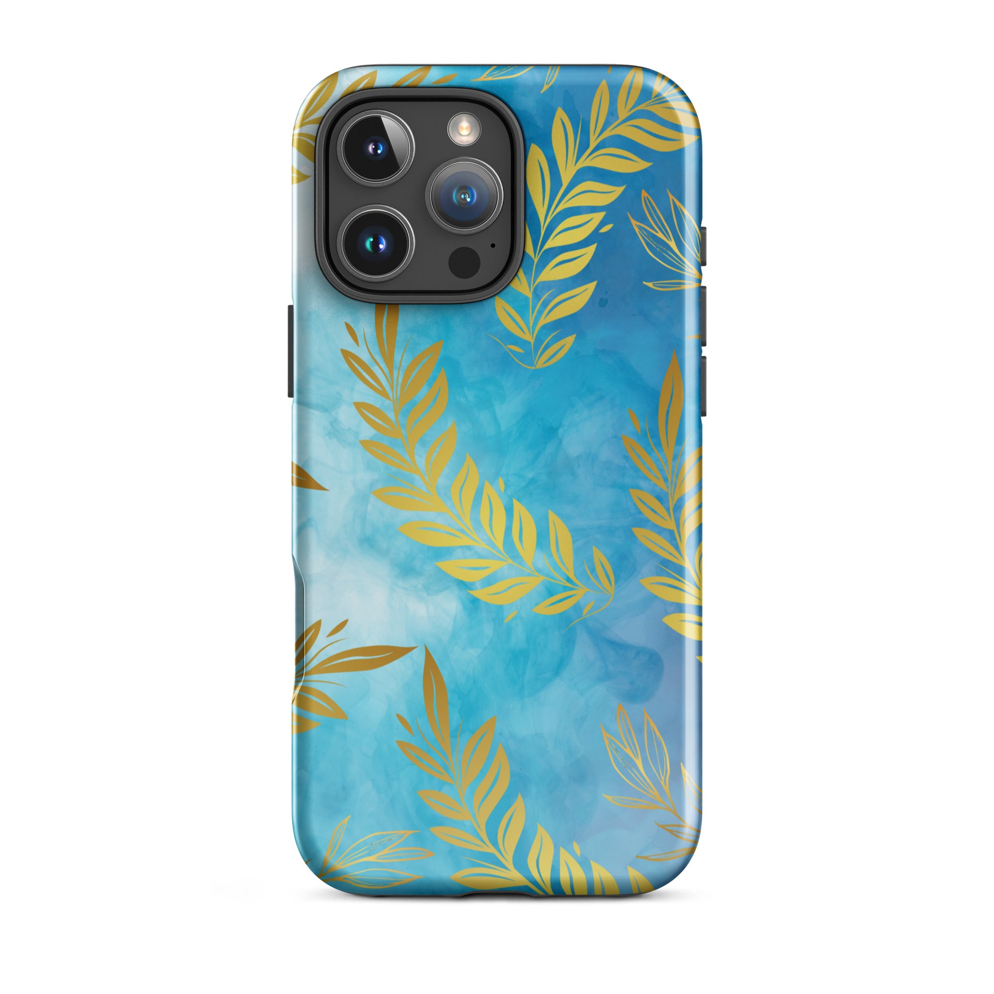 Blue Gold Leaf Tough Phone Case for iPhone® 16 Pro Max front